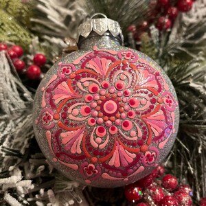 Hand painted 3 inch round pink “flower” Mandala Christmas ornament