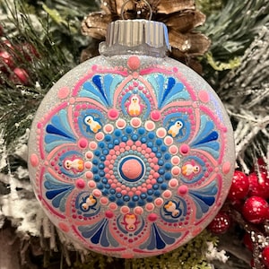Hand painted 3 inch round pink, blue and white Mandala Christmas ornament.