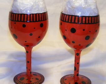 Ladybug hand painted wine glasses