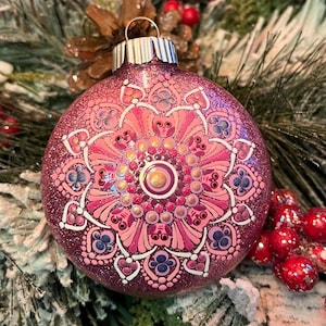 Hand painted 3 inch round pink and white owl Mandala Christmas ornament.