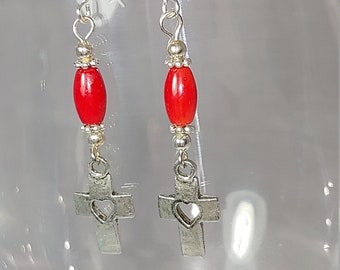 Open heart cross earrings with red coral beads