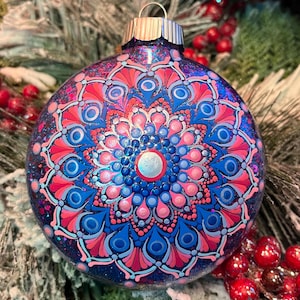 Hand painted 4 inch round pink, blue and silver “sun” Mandala Christmas ornament