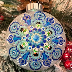 Hand painted 3 inch round blue and white snowman Mandala Christmas ornament