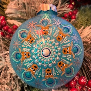 Hand painted 4 inch round blue, pearl and silver reindeer Mandala Christmas ornament