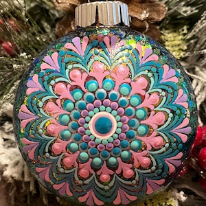 Hand painted 3 inch round lavender, teal and pink “sun” Mandala Christmas ornament