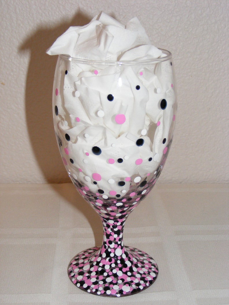 Black, white and pink polka dot hand painted globlet image 2