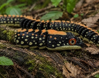 May include: A segmented articulated toy snake featuring a black body with yellow spots and orange dorsal spikes. The head has a prominent orange crest, a cream-colored underside, and large eyes with orange irises and black pupils, showing a flexible design.
