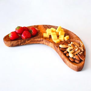 Olive Wood Crescent Dish | 3-Section Snack Tray | Handmade Olive Wood Bowl | Rustic Appetizer Platter | Natural Wooden Serving Dish