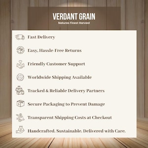 以下が含まれることがあります： 「VERDANT GRAIN」と「Natures Finest Harvest」のテキストが入ったクリーム色のグラフィック。 下には、高速配送、簡単な返品、カスタマーサポート、世界中への発送、追跡可能な配送、安全な梱包、透明なコストなどのサービスを説明するアイコンとテキストがあります。