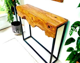 Handmade Rustic Olive Wood Console Table | Metal Frame Entryway Furniture