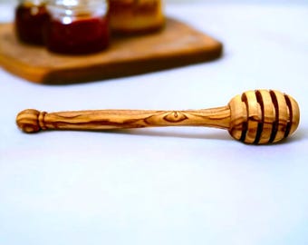 Olive Wood Honey Dipper | Handmade Honey Spoon | Natural Olivewood Drizzler | Rustic Wooden Kitchen Tool