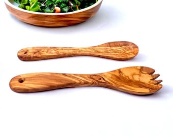 Handmade Olive Wood Salad Server Set | Rustic Kitchen Spoon & Spork