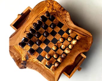Handmade Olive Wood Chess Board with Drawers: Rustic Game Set Including Chess Pieces