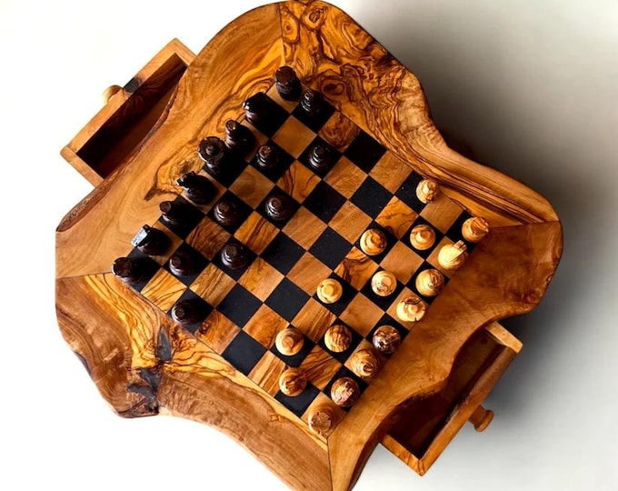 Handmade Olive Wood Chess Board with Drawers: Rustic Game Set Including Chess Pieces