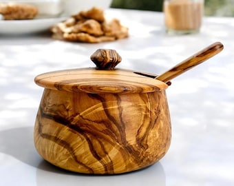 Handmade Olive Wood Sugar Bowl with Lid and Spoon | Rustic Kitchen Decor