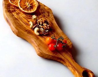 Olive Wood Cutting Board with Round Handle: Rustic Charcuterie Serving Board