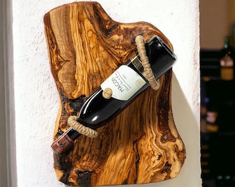 Rustikales Weinregal aus Olivenholz | 1 Flaschenhalter | Handgemachte Holz Bar Display