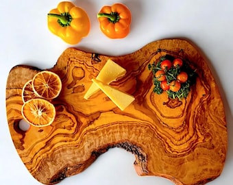 Olive Wood Cutting Board with Hole | Rustic Irregular Cheese Board | Personalized Gift
