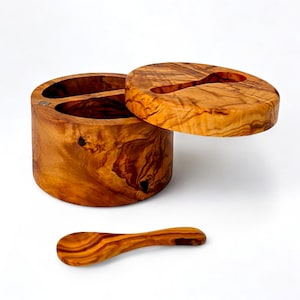 Handmade Olive Wood Salt Cellar with Spoon | Rustic Kitchen Storage