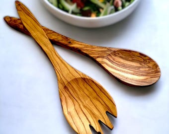 Olive Wood Salad Server Set | Handmade Fork & Spoon | Rustic Olivewood Utensils | Kitchen Serving Set