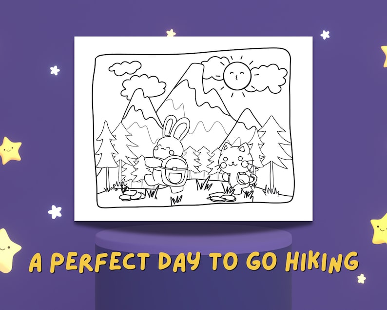 May include: A black and white line drawing of a rabbit and a cat hiking in the mountains. The rabbit is wearing a backpack and the cat is carrying a cup. The sun is shining and there are trees in the background. "A perfect day to go hiking" is written below the image.