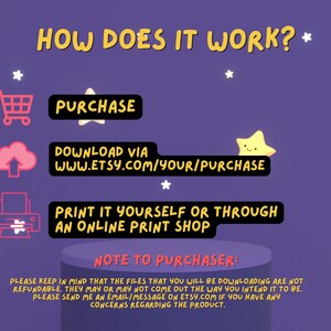 May include: A purple background with stars and a shopping cart, a cloud with an arrow pointing up, a printer, and a round platform with the text "HOW DOES IT WORK?" in large white letters. The text "PURCHASE", "DOWNLOAD VIA WWW.ETSY.COM/YOUR/PURCHASE", "PRINT IT YOURSELF OR THROUGH AN ONLINE PRINT SHOP", and "NOTE TO PURCHASER:" is also included. The text below "NOTE TO PURCHASER:" explains that the files are not refundable and that the buyer should contact the seller if they have any concerns.