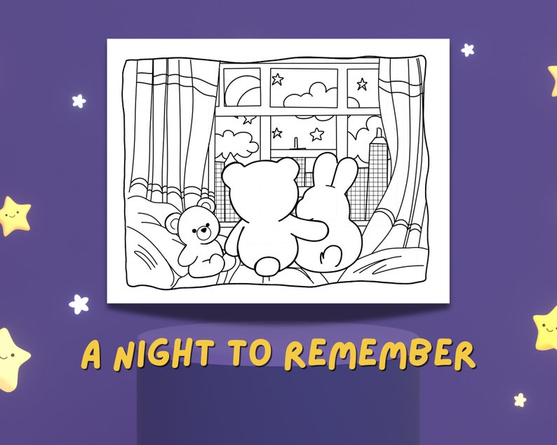May include: A black and white line drawing of a teddy bear and a bunny rabbit sitting by a window at night. The window has a view of a city skyline with stars in the sky. The text "A NIGHT TO REMEMBER" is below the image.