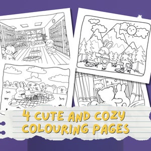 May include: Four black and white coloring pages featuring cute animal characters. The first page shows a bunny rabbit and a bear in a library. The second page shows a bunny rabbit and a cat in a forest. The third page shows a bunny rabbit and a bear having a picnic. The fourth page shows a bunny rabbit and a bear in a bedroom.