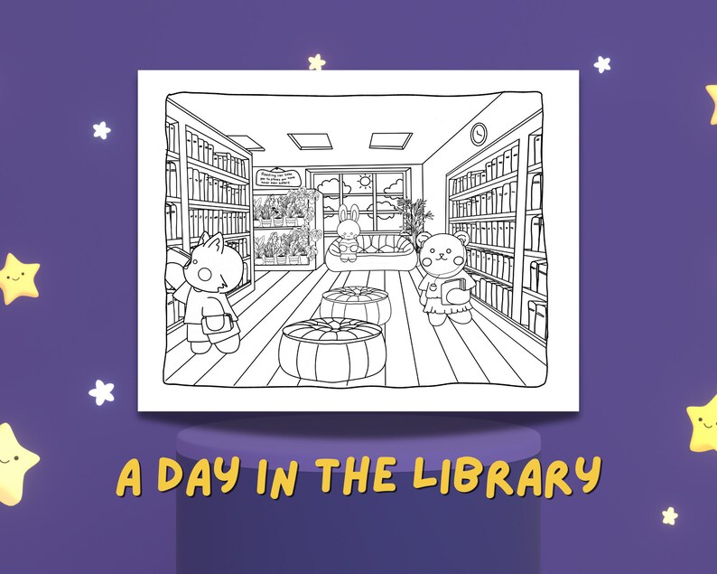 May include: A black and white line drawing of a library interior with two animal characters. A cat with a book and a bear with a book are standing in the library. The library has bookshelves, a table, and a rug. The text "A Day in the Library" is written below the image.