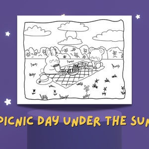 May include: A black and white line drawing of a bunny and a bear having a picnic under a sunny sky. The bunny is holding a cup and the bear is sitting on a blanket with a basket of food.