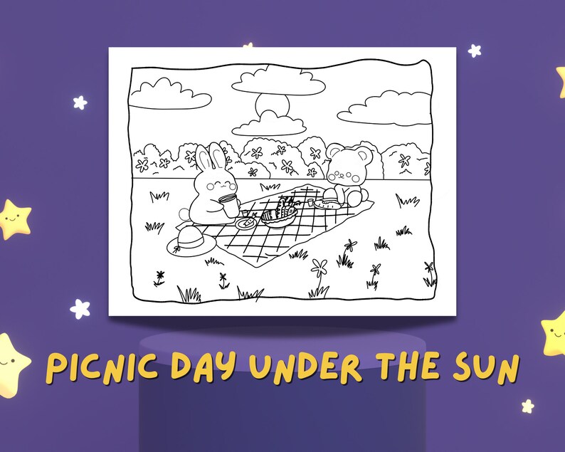 May include: A black and white line drawing of a bunny and a bear having a picnic under a sunny sky. The bunny is holding a cup and the bear is sitting on a blanket with a basket of food.