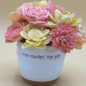Colorful Sola Wood Flower Arrangement in Floral Patterned Tin