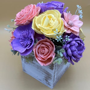 Pastel Sola Flower Arrangement in Rustic Whitewashed Wooden Box