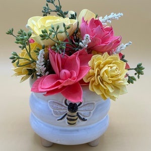 Colorful Sola Wood Flower Arrangement in Floral Patterned Tin