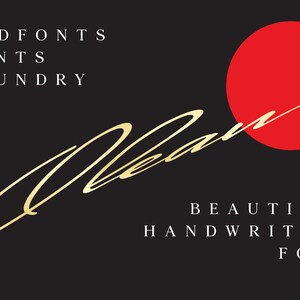 Op de afbeelding: Een gouden handgeschreven lettertype genaamd "Mean" met de tekst "ANDFONTS FONTS FOUNDRY" erboven en "BEAUTIFUL HANDWRITING FONT" eronder. Een rode cirkel bevindt zich achter het lettertype.