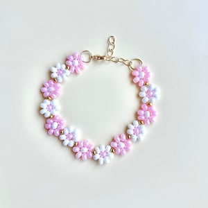 Beaded Flower Bracelet, Daisy Bracelet, Aesthetic Flower Bracelet, Pink and White Floral Bracelet