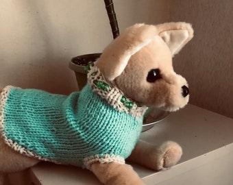 SALE XS Pale Green Beaded Collar Hand Knit Dog Sweater Coat