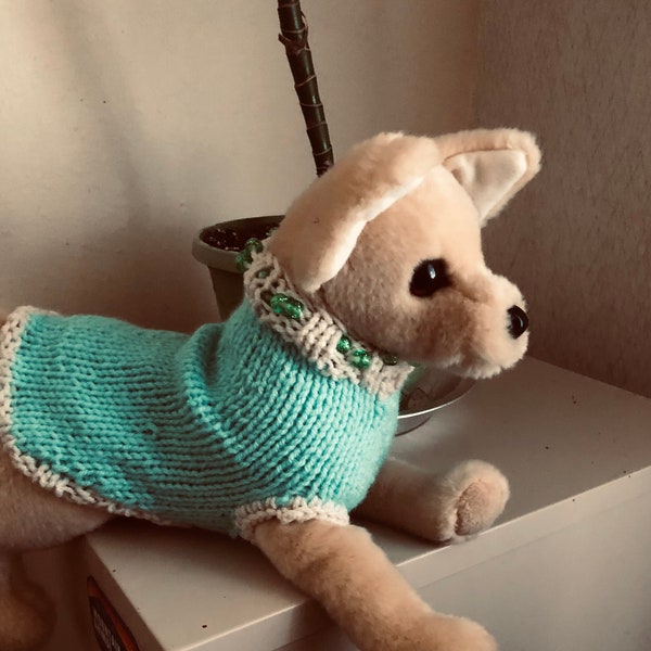 SALE XS Pale Green Beaded Collar Hand Knit Dog Sweater Coat