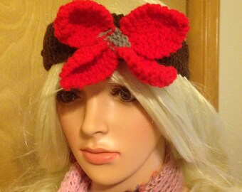 Red Flower Headband- Hand knit-  Teenager-Women-Girls-CLEARANCE