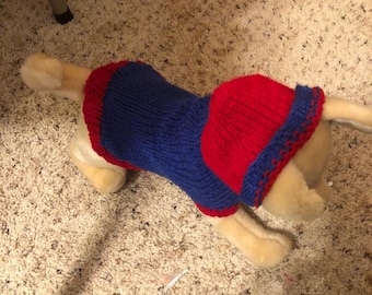 XS Dog Sweater Chihuahua Puppy Hoody Hand Knit Red & Blue