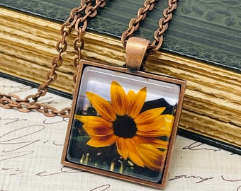 Handmade Sunflower Photo Glass Tile Necklace Gift for Her Yellow Floral Pendant Jewelry Antique Copper