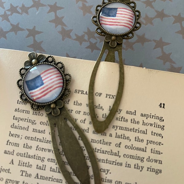 2 Patriotic USA Flag Antique Brass Bookmark Clips - 4th of July  - Book Reader - Birthday Gift