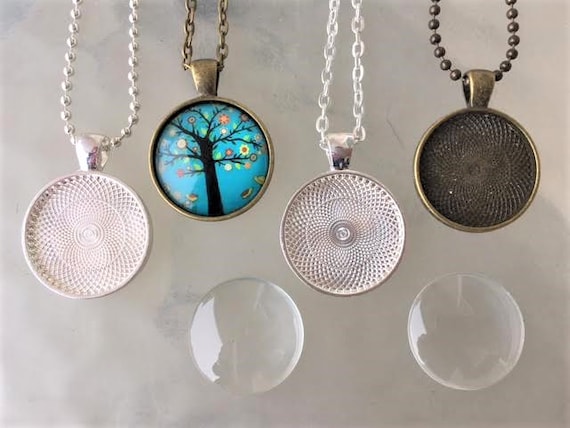 Pendant necklace kit jewellery making glass dome cabochon setting and chain