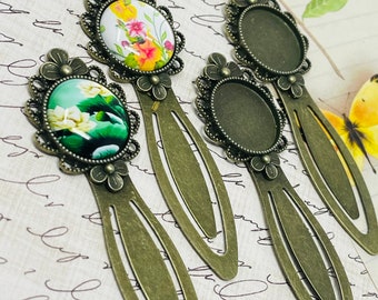 10 Blank Antique Bronze Round Bookmarks Clips + 10 20mm Glass Cabochons - DIY Base Craft Project Kids