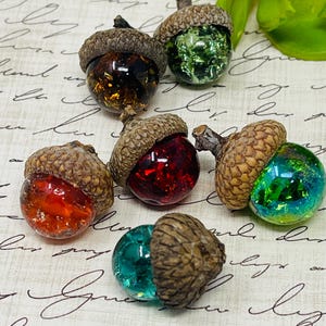 May include: Six glass acorns with different colored glass interiors. The acorns are brown with a textured surface. The glass interiors are red, green, orange, and blue.