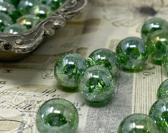 10 Iridized Peacock Green Hand Crackled Glass Marbles for Decor Gift 14mm