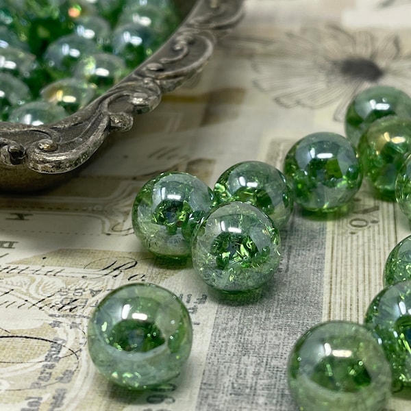 10 Iridized Peacock Green Hand Crackled Glass Marbles for Decor Gift 14mm