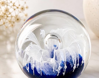 Hand Blown Glass Paperweight | Blue White Swirl Orb, Coastal Ocean Art Sphere