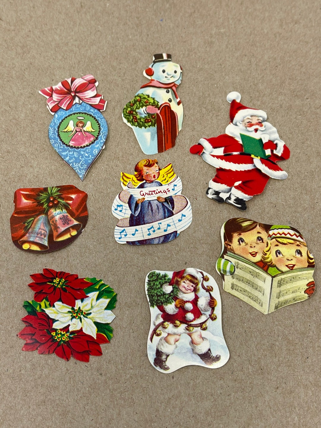 8 Vintage Christmas Seals Stickers for Crafts Gummed Seals Ephemera