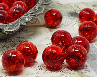 10 Ruby Red Sparkly 16mm Crackled Glass Marbles for Decor - Hand Crafted Gift